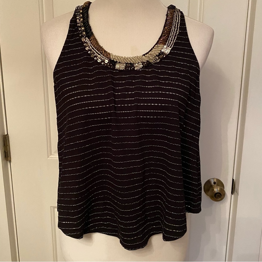 FREE PEOPLE TOP TANK BLACK SILVER BEADS SEQUINS SCOOP NECK Size S